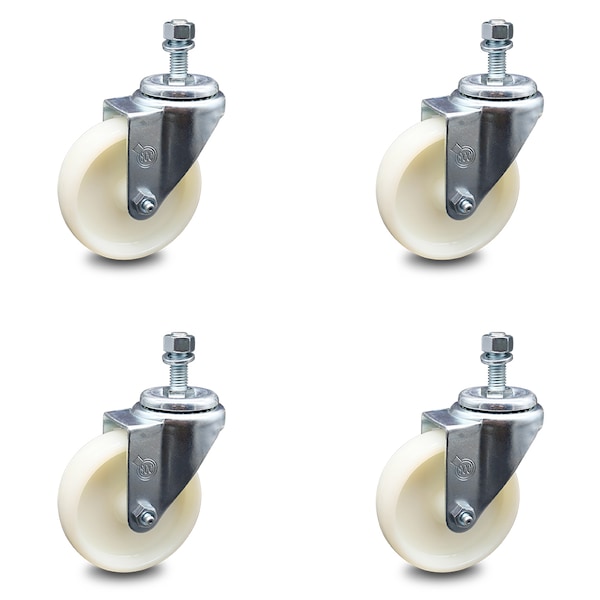 4 Inch Nylon Wheel Swivel 12mm Threaded Stem Caster Set